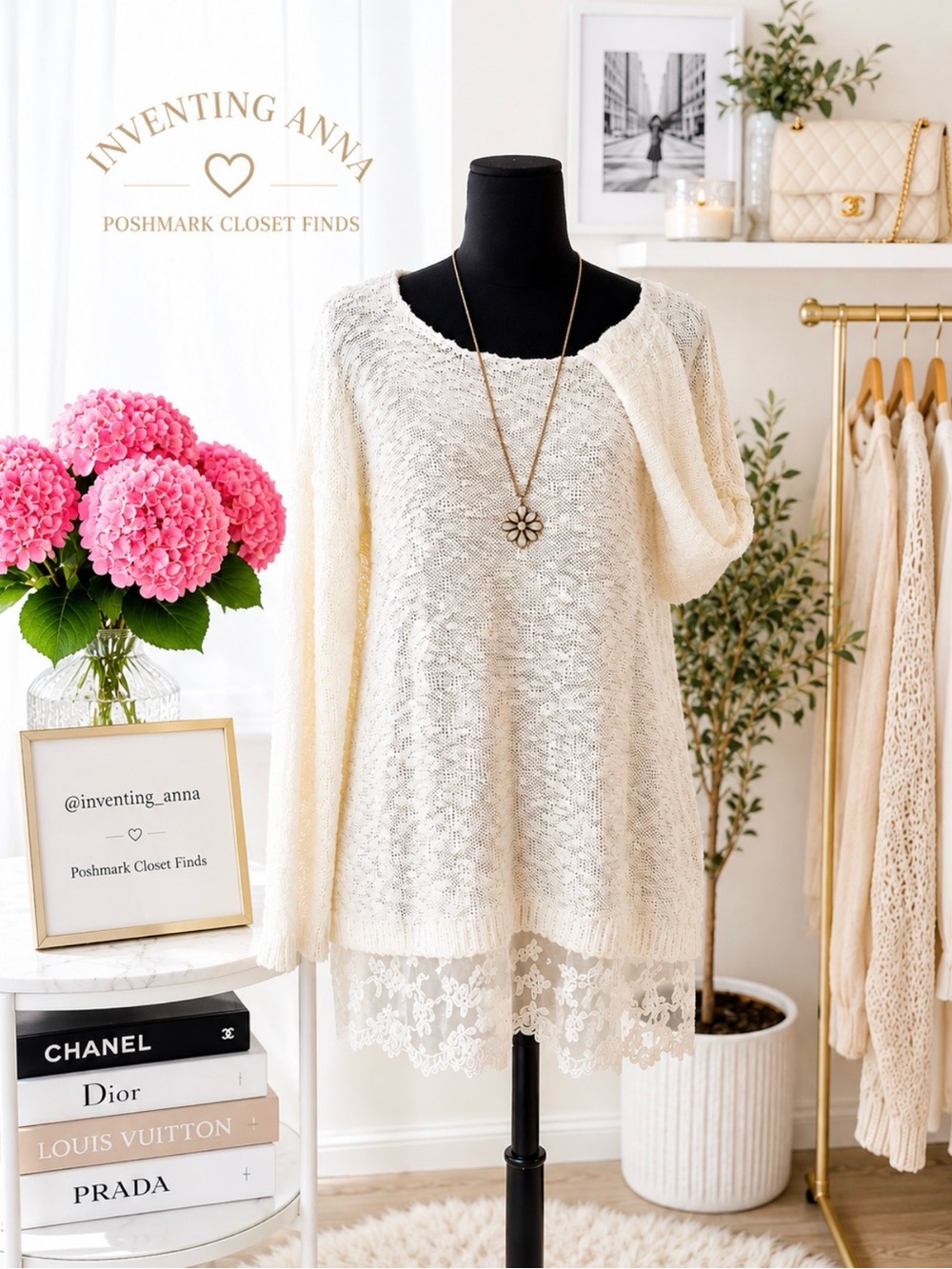 HIPPIE ROSE Cream Color Lightweight Long Sleeve Knit Top w/Delicate Lace Hemline